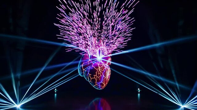 Glowing anatomical human heart exploding with vibrant energy beams and light rays, creating a dramatic visual spectacle on a dark stage, ideal for medical, health, and energy concepts
