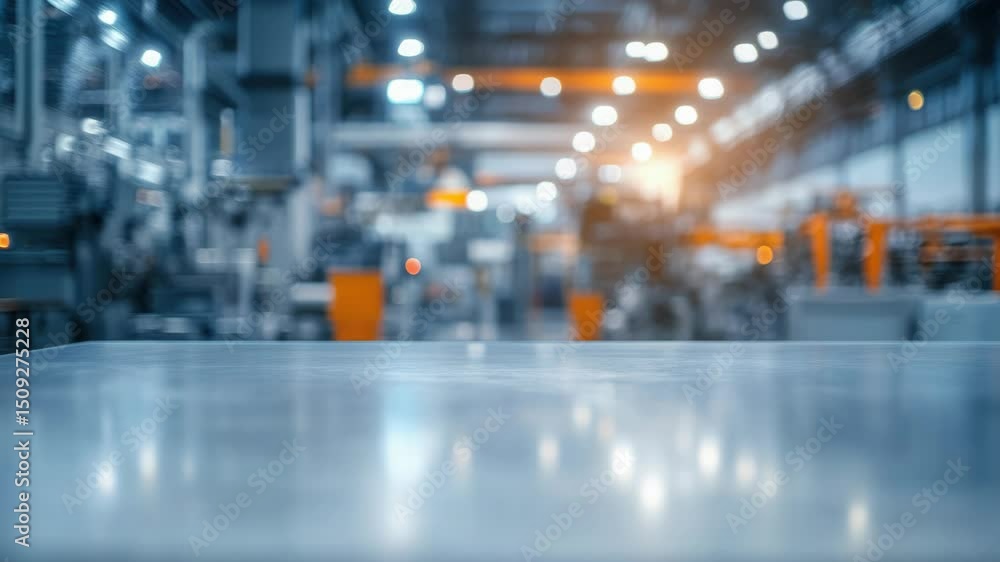 Poster a blurred image of a storage facility with numerous shelves and a dimly lit atmosphere