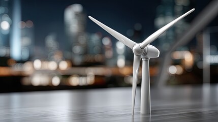 A wind power model displays a digital hologram against a lively city night, highlighting innovative green energy solutions