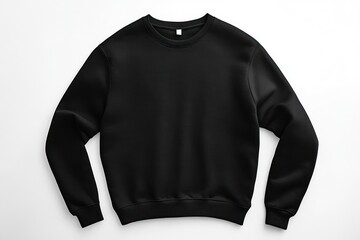 A black long sleeved sweatshirt laid flat on a white surface in a studio setting