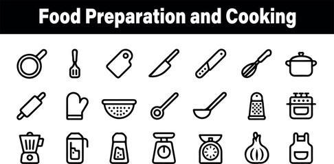 Collection of line icons for food preparation and cooking activities in the kitchen art chef menu tools black white style