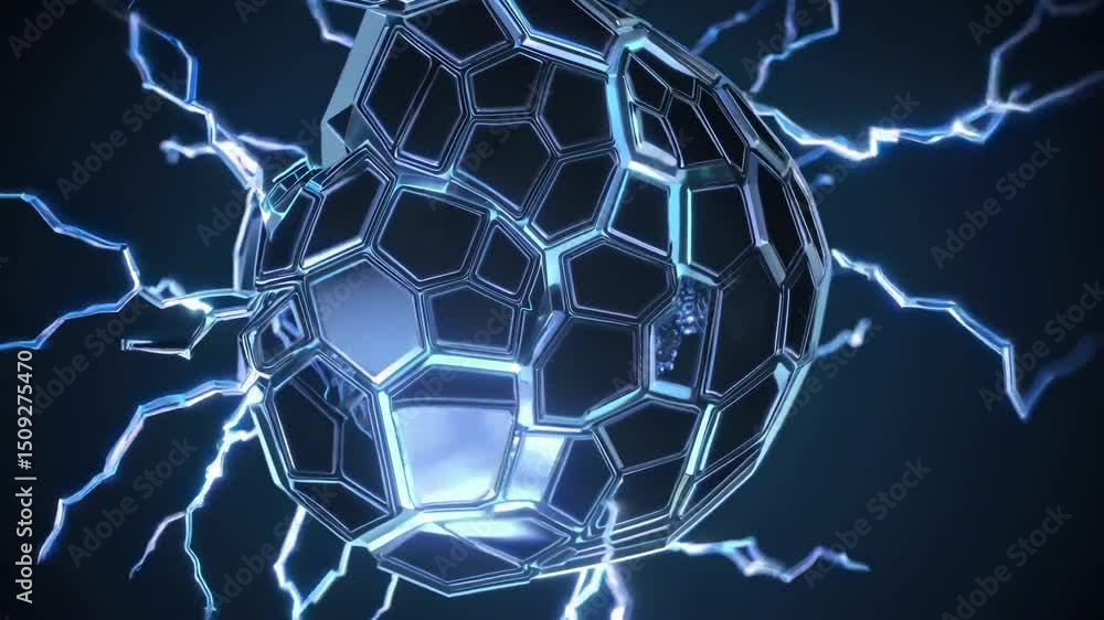 Poster futuristic abstract sphere with glowing lines and lightning effect, representing innovation, technol