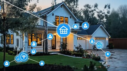Smart home network connecting house at dusk - Powered by Adobe