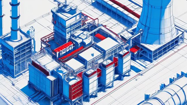 video of Detailed architectural blueprint of a nuclear power plant, showcasing reactor layout, cooling systems, and structural design, representing precision engineering, safety, and advanced energy