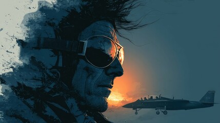 Silhouette of a military pilot standing against a backdrop of a jet aircraft at sunset