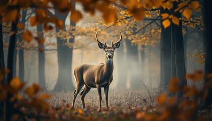 Majestic deer standing in autumn woodland with serene misty ambiance