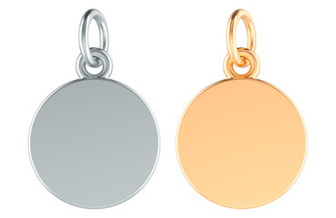 Round Pendant Charms, Gold and Silver. 3D Rendering