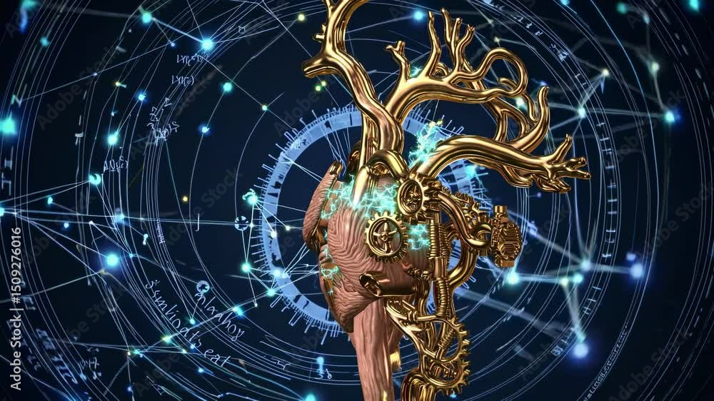 Poster golden clockwork heart beating with arcane energy and surrounded by digital network, representing in
