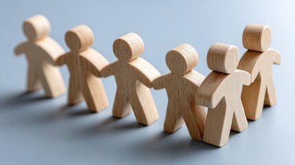 Wooden figurines join hands forming a circle, symbolizing teamwork and support in a business office environment, promoting collaboration