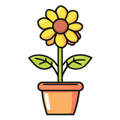Sunflower Growth Plant in Ceramic Pot Line Style Illustration
