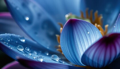 Captivating close-up of a blue lotus with shimmering droplets of water