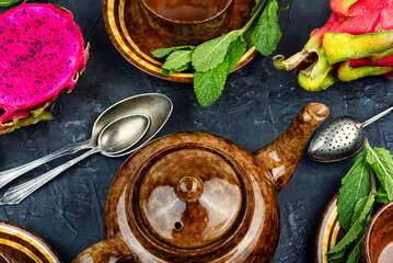 Vibrant arrangement of dragon fruit tea.