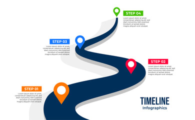 Four-step road map infographic template with colorful location pointer