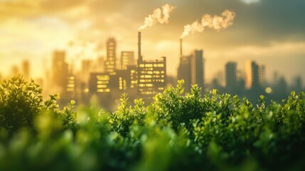 Green plants in foreground, industrial cityscape with pollution at sunset.