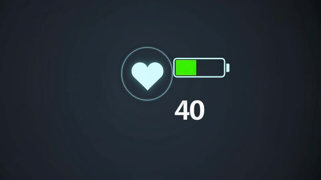 Glowing heart shape encircled by a charging battery at 50 percent on a dark background, symbolizing love and health status while reflecting energy and vitality in a modern design