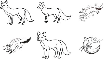 Set of  Vector hand drawn cute animal set. Sketch illustration with walking, playing and sleeping foxes.
