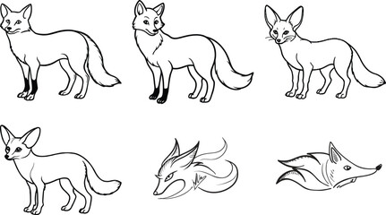 Set of  Vector hand drawn cute animal set. Sketch illustration with walking, playing and sleeping foxes.
