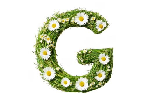 Letter g made of grass and daisies isolated on transparent background