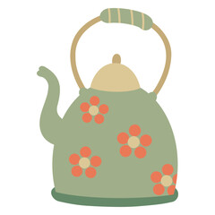 Cute teapot illustration. Cozy tea pot, kettle, kitchenware, crockery design with floral pattern. 