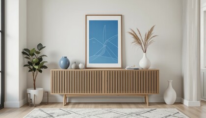 Stylish living space showcasing modern decor with blue artwork and natural wood credenza against neutral backdrop