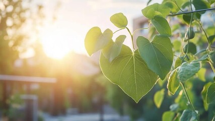 Green heart shaped leaf in sunlight close up
