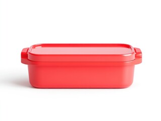 A front view of a red plastic food container with a lid on a white background plain