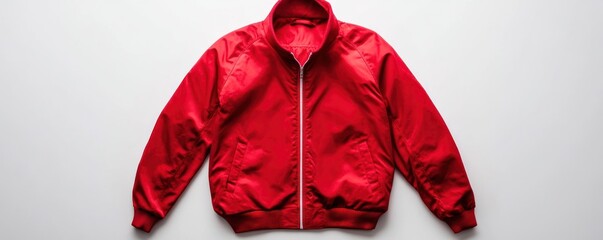 A bright red satin bomber jacket with a zipper laid flat on a white surface top view