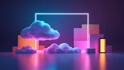 Neon Clouds and Geometric Shapes Create a Futuristic Abstract Scene
