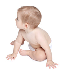 Cute little baby in diaper on white background