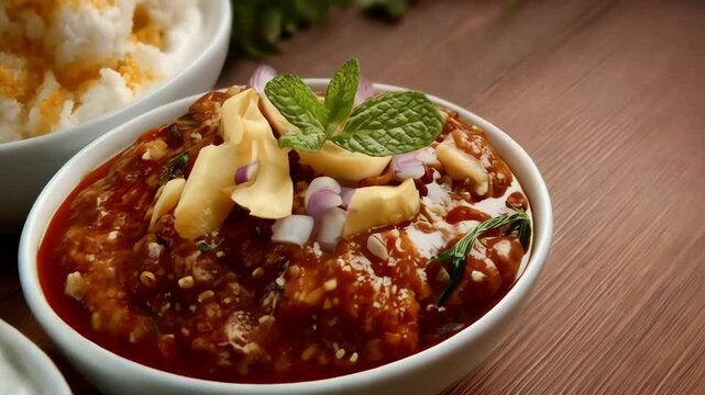 Four bowls of assorted dips and sauces displayed on wooden surface with fresh herbs, including yogurt and rice