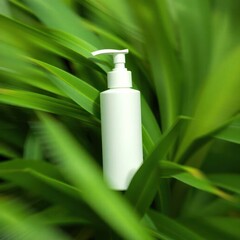 White pump bottle among green leaves