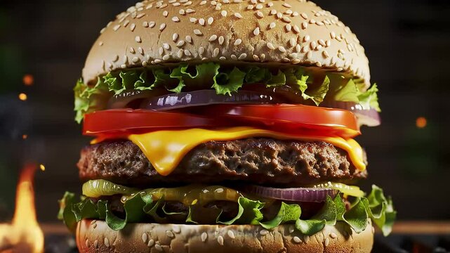 A close up shot of a delicious looking burger with sesame seed bun and fire background, fast food, lunch, dinner