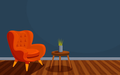 cartoon minimalistic room interior with armchair and table, vector illustration