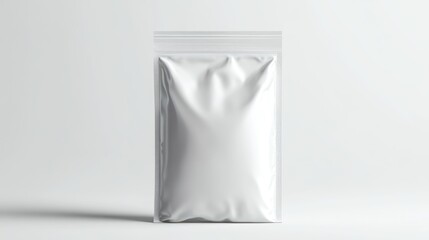 A close up of a sealed white plastic pouch on a white background in studio light