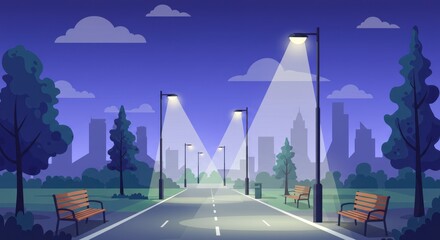 City park at twilight with benches and illuminated streetlights panorama