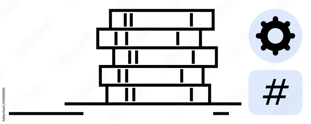 Poster stack of database servers next to gear and metadata tag symbol. ideal for cloud computing, it system
