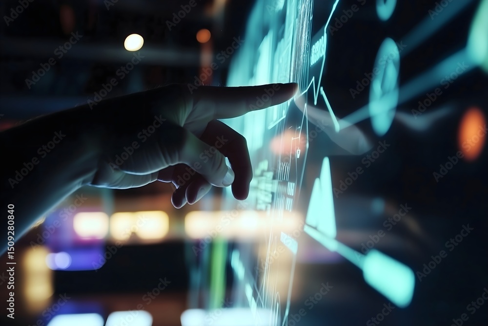 Poster futuristic data analysis concept with a hand interacting with a transparent virtual touchscreen disp