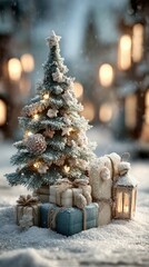 Snowy winter scene featuring a beautifully decorated Christmas tree with gifts and lanterns