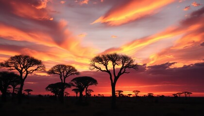 Silhouettes of African trees against a fiery sunset panorama landscape