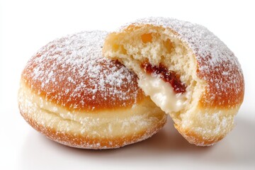Berliner Pfannkuchen Krapfen Marmelade F&uuml;llung Vanillecreme Geb&auml;ck Zucker S&uuml;&szlig;geb&auml;ck Fasching Karneval Geb&auml;ck Donut Style Hefegeb&auml;ck Puderzucker B&auml;ckerei Spezialit&auml;t Dessert S&uuml;&szlig;es Fr&uuml;hst&uuml;ck