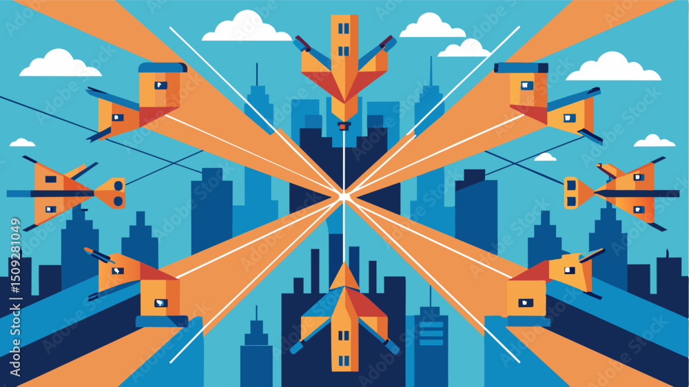 Poster a birds eye view of the city with autonomous drones creating a visual symphony as they crisscross th