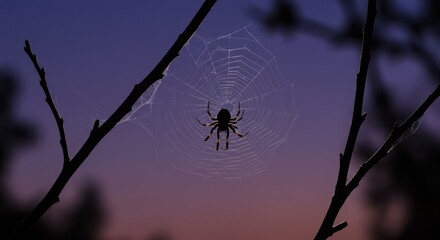 Silhouette of a spider in its web against a dusky twilight sky