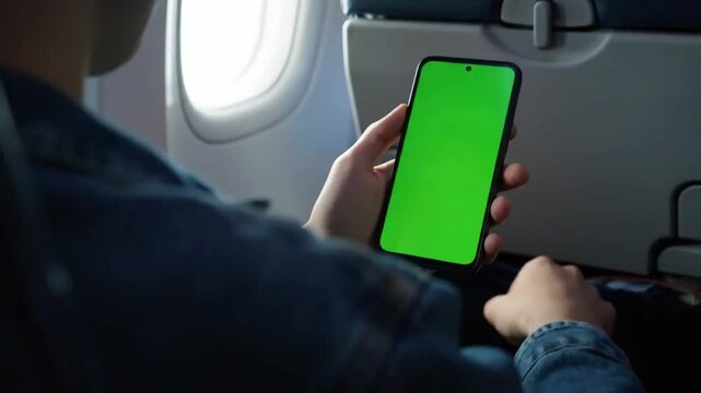  Close-up of young man on airplane using smartphone with green screen &mdash; slow over-the-shoulder tracking shot captures realistic in-flight setting, ready for digital content insertion and visual effect