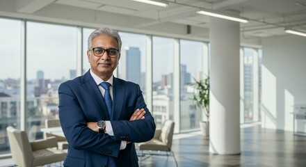 Confident Businessman in Blue Suit with Arms Crossed in Bright Modern Office