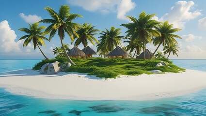 Obraz premium Tropical island paradise with palm trees and thatched huts serene getaway
