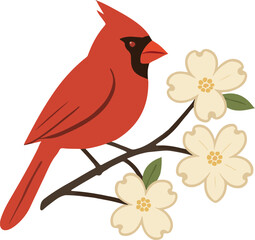 Cute cartoon red bird on a spring tree branch with blossom flowers and green leaves vector illustration