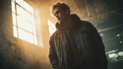 young male fashion model in casual dark jacket standing under sunrays in an urban industrial warehouse with cinematic tone