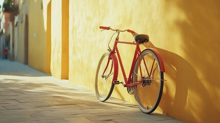 Bicycle parked against yellow wall at sidewalk in city