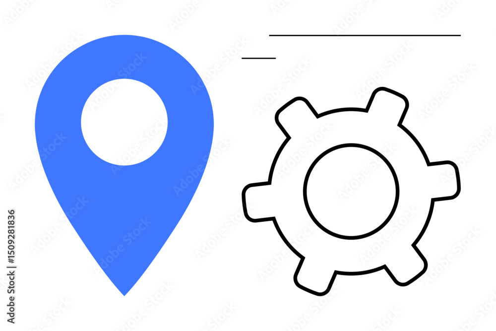 Poster blue pin symbolizing location paired with a black gear representing configuration and process. ideal