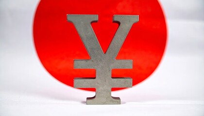 Obraz premium Japanese Yen symbol prominently displayed in front of the Japanese flag. The flag's red circle serves as a backdrop, highlighting the currency symbol.